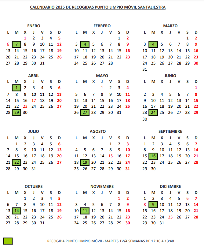 Imagen Punto Limpio Móvil, Calendario 2025