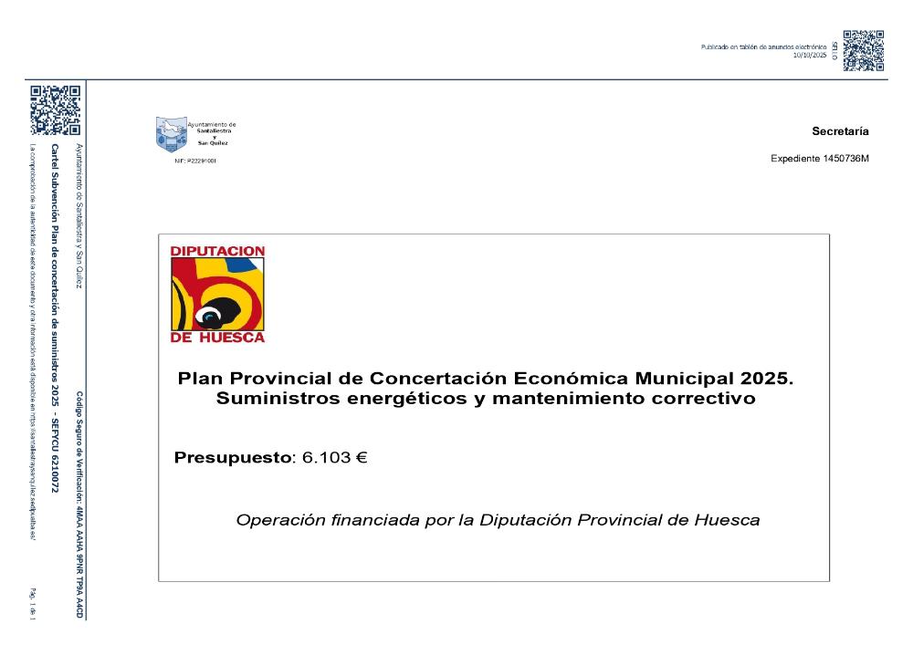 Imagen El Ayuntamiento de Santaliestra y San Quilez Recibe una Subvención de la DPH para Suministros Energéticos 2025