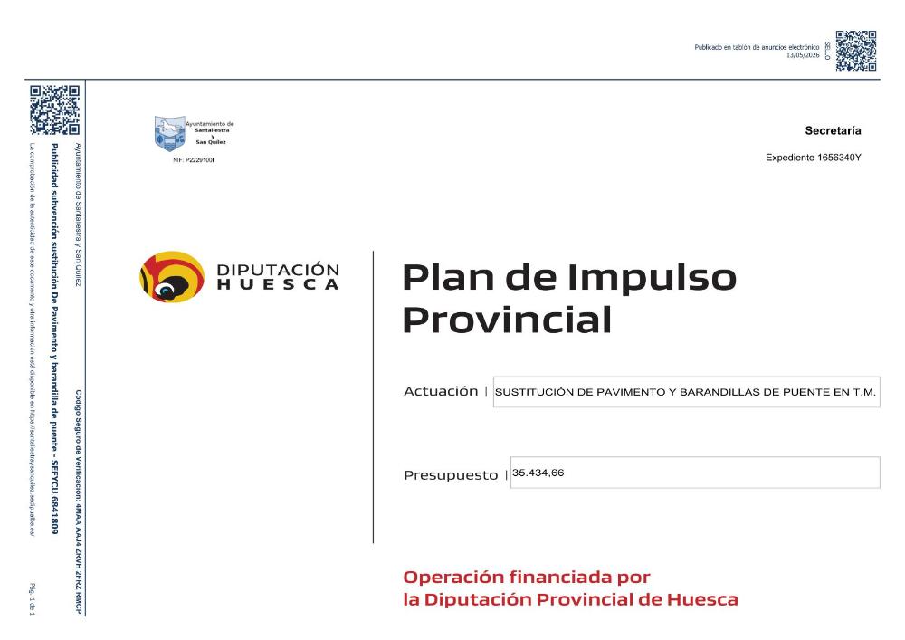 Imagen Finalización de las obras sustitución de pavimento y barandillas de puente en Santaliestra y San Quílez
